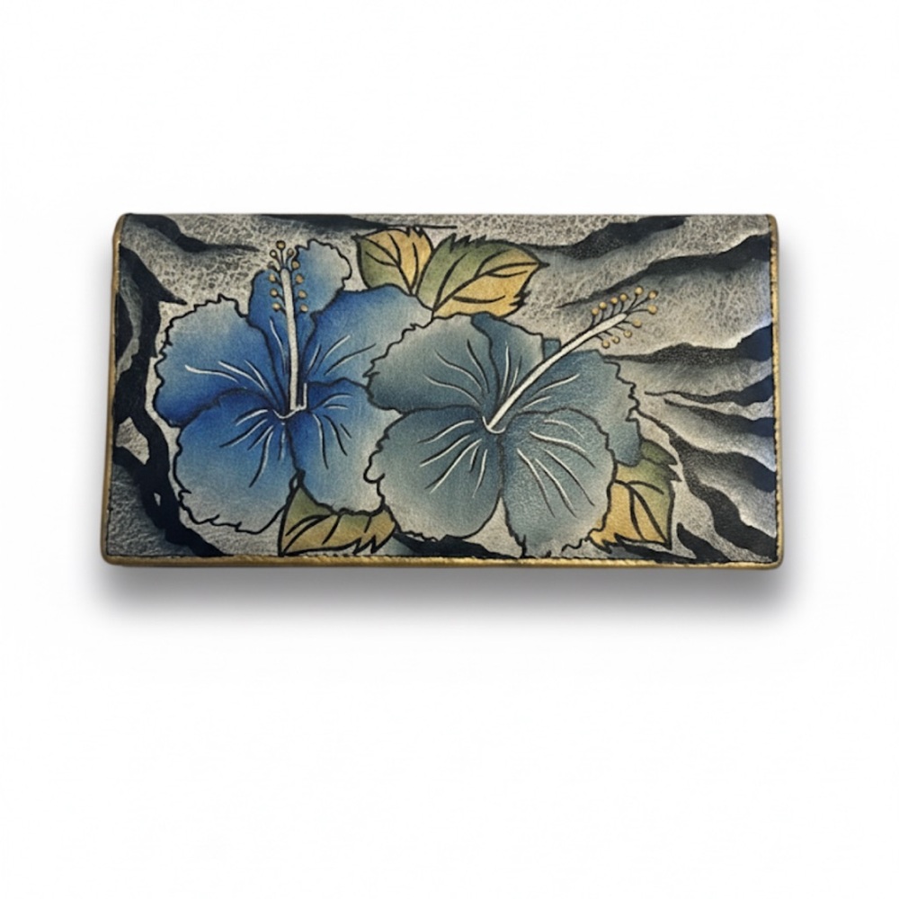 Anuschka Lucky Blue Hibiscus & Zebra Print Hand-Painted Leather Wallet